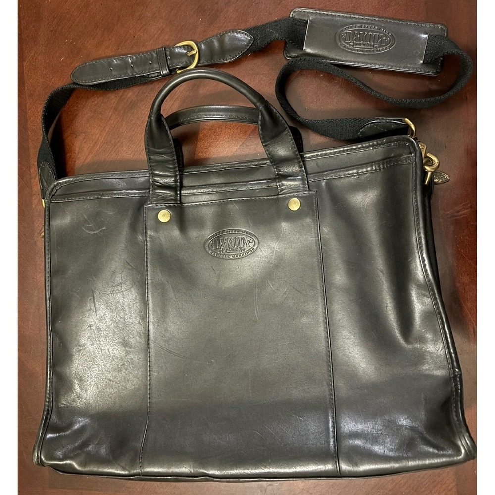 VTG Tumi Dakota Steer Hide Leather Messenger Bag Briefcase Laptop Black Brass